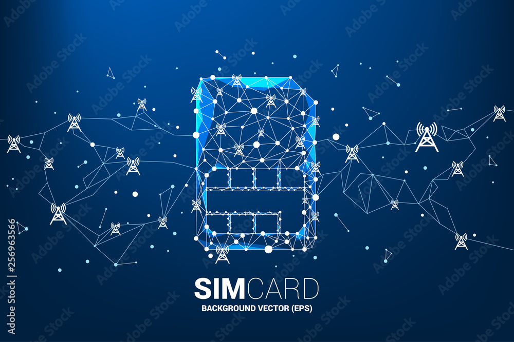 Poster Vector Polygon dot connect line shaped sim card icon with antenna tower. Concept for mobile sim card technology and network.