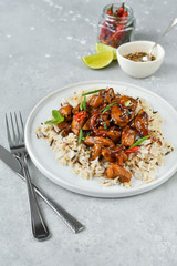 teriyaki chicken's  with chili pepper and sesame seeds, with rice. on a white plate, copy space, selective focus, Asian cuisine, Chinese cuisine,  food flat lay. light background, recipe background