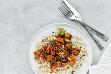 teriyaki chicken's  with chili pepper and sesame seeds, with rice. on a white plate, copy space, selective focus, Asian cuisine, Chinese cuisine,  food flat lay. light background, recipe background