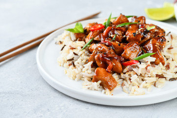 teriyaki chicken's  with chili pepper and sesame seeds, with rice. on a white plate, copy space, selective focus, Asian cuisine, Chinese cuisine,  food flat lay. light background, recipe background