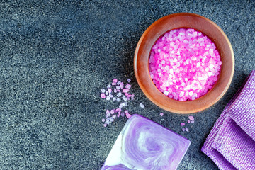 Obraz na płótnie Canvas Spa products. organic cosmetic with rose, soap, sea salt.