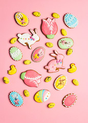 Easter homemade gingerbread cookies on a pink.