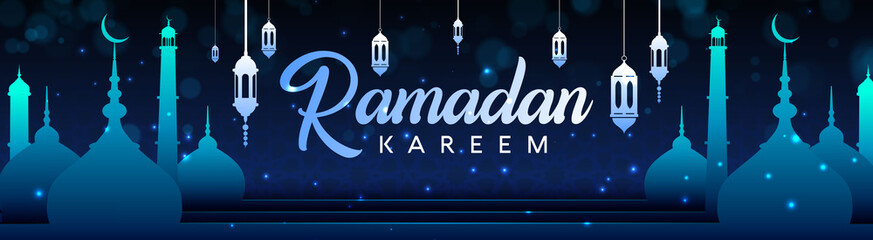 Ramadan kareem islamic header design template. Realistic blue islamic pattern with mosque and lamp. For web header and print.