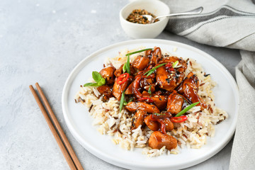teriyaki chicken's  with chili pepper and sesame seeds, with rice. on a white plate, copy space, selective focus, Asian cuisine, Chinese cuisine,  food flat lay. light background, recipe background