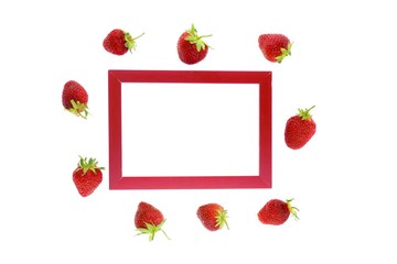 Strawberry berry. Strawberry frame. Red  frame and ripe strawberry berries isolated on white background.The strawberry season.Berry time. top view, copy space