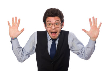 Young businessman in funny concept on white