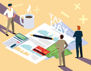 businessmen in tax day with statistic document and icons