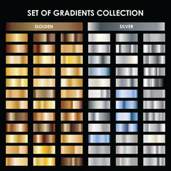 Gold and silver gradient. Mega collection of gradient illustrations for backgrounds, cover, frame, ribbon, banner, coin, label, flyer, ring.
