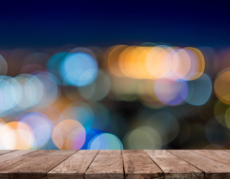empty table from wood with bokeh background