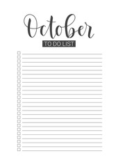 October To Do List. Vector Template for agenda, planners and other stationery. Organizer, planner for study, school or work. Handwritten lettering.