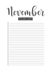 November To Do List. Vector Template for agenda, planners and other stationery. Organizer, planner for study, school or work. Handwritten lettering.