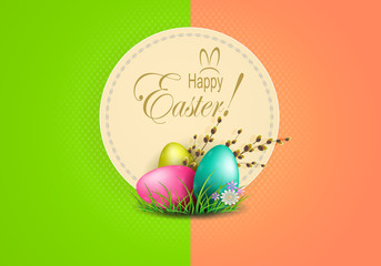 Easter multicolored composition with a round frame, eggs and a willow branch,