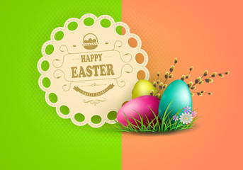 Easter multicolored composition with a round frame stitched with braid, eggs, a willow branch and text,