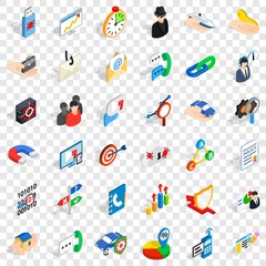 Business progress icons set. Isometric style of 36 business progress vector icons for web for any design