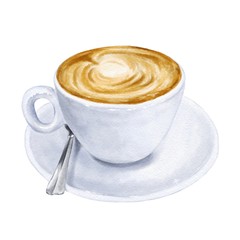 Hand drawn cup of cappuccino coffee on watercolor paper isolated on white background. Realistic drink illustration.