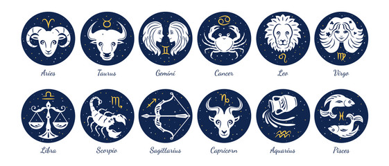Set of zodiac signs icons. Aries, leo, gemini, taurus, scorpio, aquarius, pisces, sagittarius, libra, virgo, capricorn and cancer. Vector illustration in cartoon simple style.  - obrazy, fototapety, plakaty
