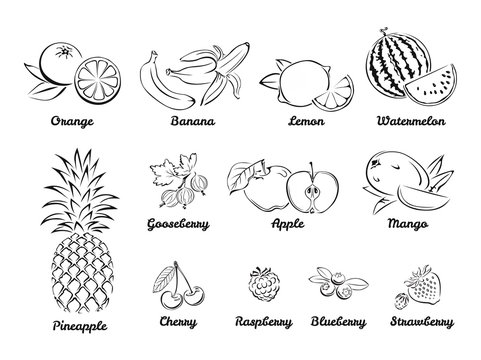 Berries and fruits. Set of black and white icons. Vector illustration of Orange, Banana, Lemon, Watermelon, Gooseberry, Apple, Mango, Cherry, Raspberry, Blueberry, Strawberry.