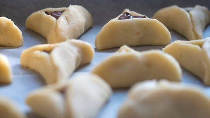 Preparing batch of hamantaschen for Purim Jewish Holiday- Israel