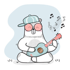 cute doodle white bear wears cap plays guitar