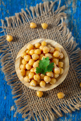 chickpea on blue wooden surface