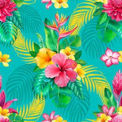 Fototapeta na wymiar Watercolor background with illustrations of tropical flowers. Seamless pattern design