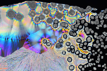 Colorful micro crystals in polarized light. Photo through a microscope.