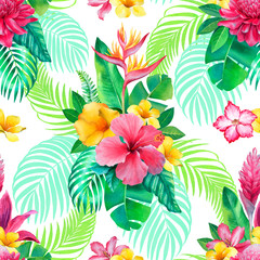 Watercolor background with illustrations of tropical flowers. Seamless pattern design