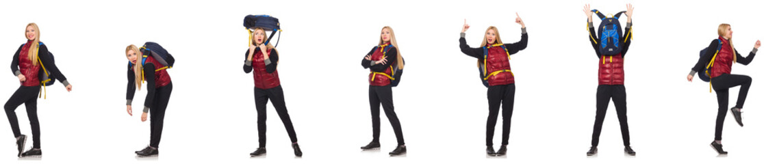 Fototapeta premium Young woman with backpack isolated on white