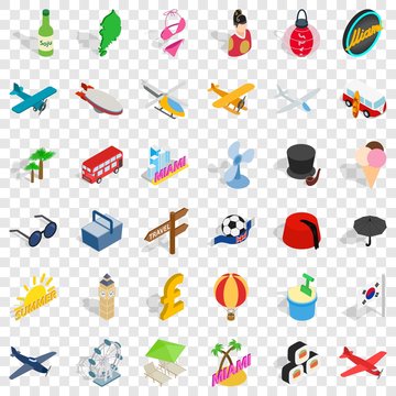 Travel icons set. Isometric style of 36 travel vector icons for web for any design
