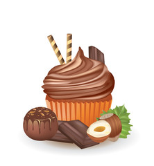 Chocolate cupcake with chocolate cube and huzelnut, vector