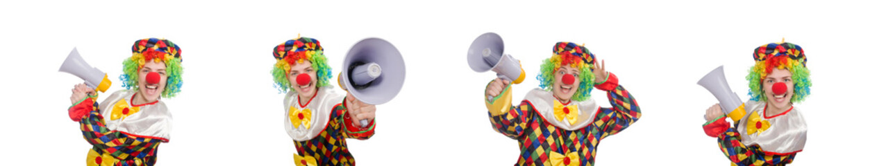 Clown with loudspeaker isolated on white