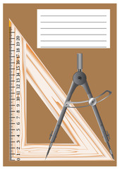 The cover of the school notebook, with drawings of devices for drawing, the tools of the student for use in the lessons of mathematics and physics.