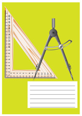 The cover of the school notebook, with drawings of devices for drawing, the tools of the student for use in the lessons of mathematics and physics.