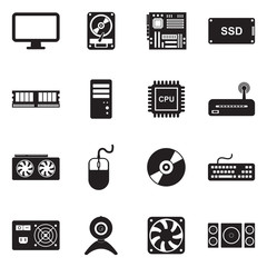 Computer Components Icons. Black Flat Design. Vector Illustration.