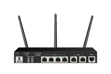 Dual Band Wireless service router with control port, 2 VAN port  4 LAN ports and 2 USB ports. The router has 3 antennas. Black colour. Vector illustration. - obrazy, fototapety, plakaty