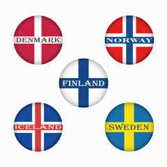 Flags of Scandinavia in circle shape. Scandinavian northern states. Isolated  button with scratched texture, grunge. Illustration with marble textured background. Nordic countries banners icons.