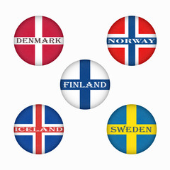 Obraz premium Flags of Scandinavia in circle shape. Scandinavian northern states. Isolated button with scratched texture, grunge. Illustration with marble textured background. Nordic countries banners icons.