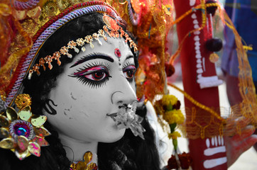 Close-up of a figurine of Goddess Saraswati , Hindu goddess 