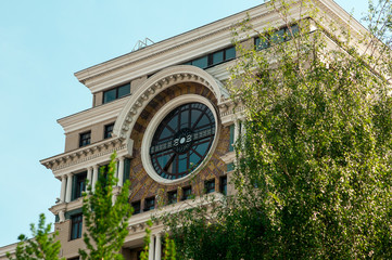 Facade of a building with a large round window