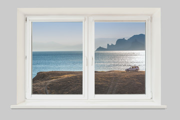 View from the window off-road car by the sea