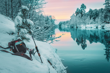 Fishing gear on the bank of a winter river