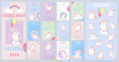 Cute Kids calendar 2020 with little unicorns. Business vector illustration.