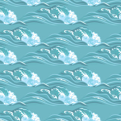 Seamless wave pattern. Marine blue background. Vector illustration of sea in  flat style.  Template for fabric, textiles, wallpaper and paper.