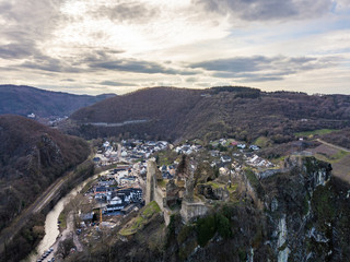 Fototapeta na wymiar The City of Altenahr and the Burg Are Castle in the Eifel mountains from above / Rhineland Palatinate