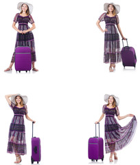 Young woman with suitcase isolated on white