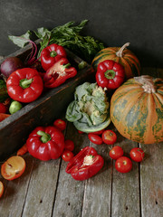Healthy food. Organic vegetables. Fresh vegetables with herbs. On wooden background.