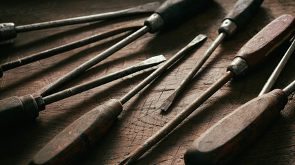 Close up on old worn vintage screwdrivers
