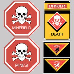 Danger mines.Signs , set. Hazard to health and life, an information sign identifying a dangerous area.