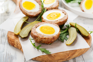 Meatballs with minced meat stuffed with boiled egg. 