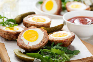 Meatballs with minced meat stuffed with boiled egg. 